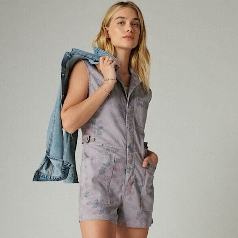 Lucky Brand x Laura Ashley Purple Floral Sleeveless‎ Denim Shorts Utility Romper